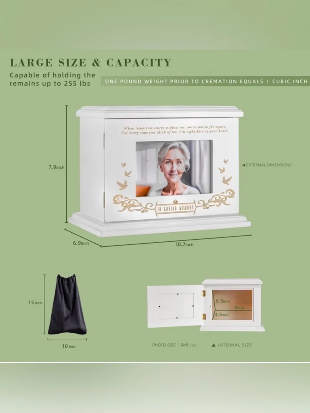 White Memorial Photo Urn Box with Gold Accents - In Loving Memory